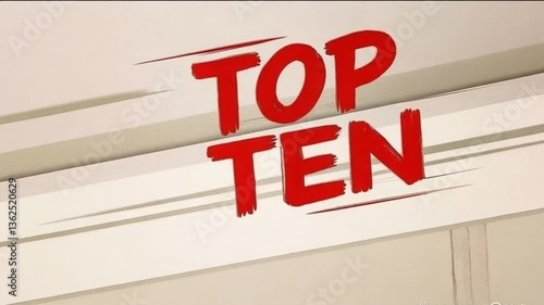 Dynamic top 10 list with bright red text on a light colored background. Styled with a spectacular graphic design that creates an energetic and engaging experience for viewers.