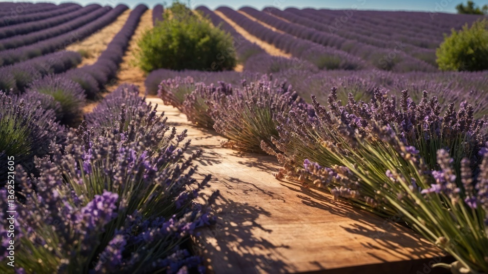 Obraz premium A vibrant lavender field with a wooden pathway, showcasing nature's beauty and tranquility.