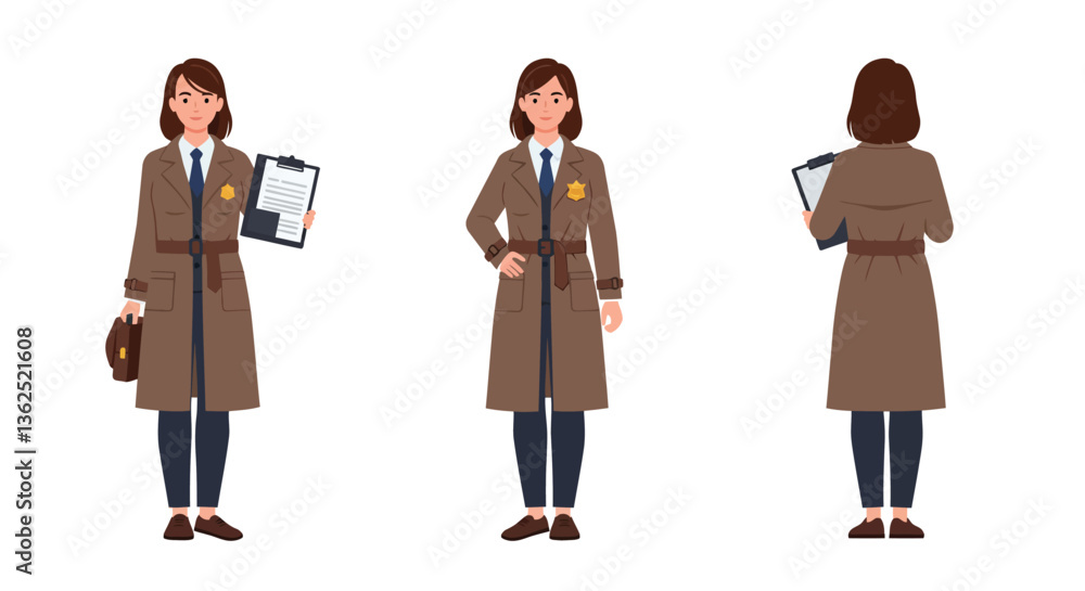 Obraz premium Female detective in three poses, flat design showcasing character development, vector illustration