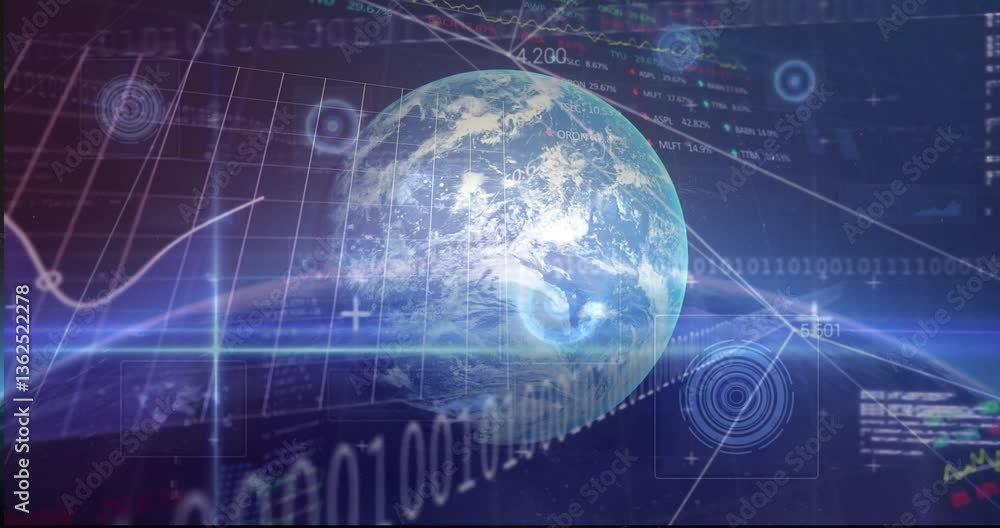Animation of Earth with digital data and graphs, showing global technology network Animation of Earth with digital data and graphs, showing global technology network