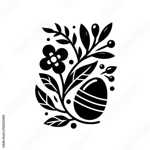 A minimalist black and white Easter illustration featuring a stylized flower, leaves, berries, and an ornamented egg arranged in a balanced vertical composition.