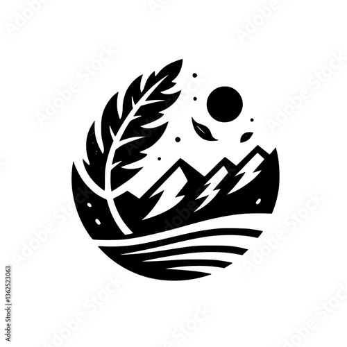 A minimalist, stylized emblem of a mountain landscape enclosed by a leaf and water, under a sun and a starry sky.