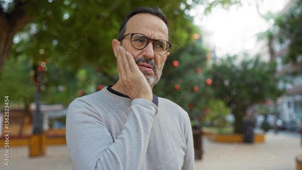 Middle-aged hispanic man in an urban park holding his cheek in pain, indicating a toothache amidst a serene city backdrop.