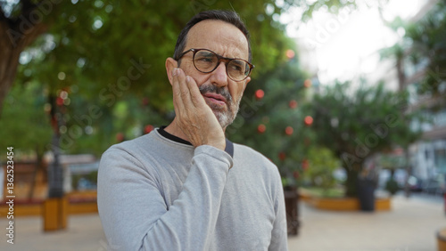 Obraz na płótnie Middle-aged hispanic man in an urban park holding his cheek in pain, indicating a toothache amidst a serene city backdrop. w salonie
