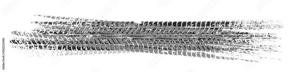 Fototapeta premium Grunge tire tracks with mud splatters, dirty wheel braking marks. Truck, car, or motorcycle tread pattern silhouettes. Perfect for off-road, motorsport, and racing designs. Vector illustration