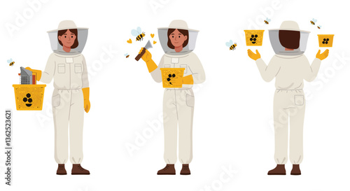 Bee keeper character in minimal vector art style showing different actions in three frames vector illustration