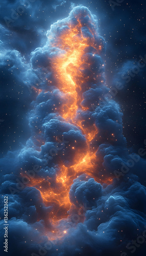 Fire and blue clouds blend into cosmic dust and starlight in an ethereal, abstract space scene