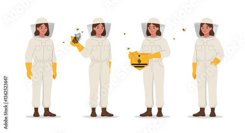 Beekeeper in protective suit performing tasks in flat vector illustration