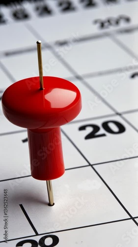 Red pushpin marking an important date on a calendar page with highlighted numbers