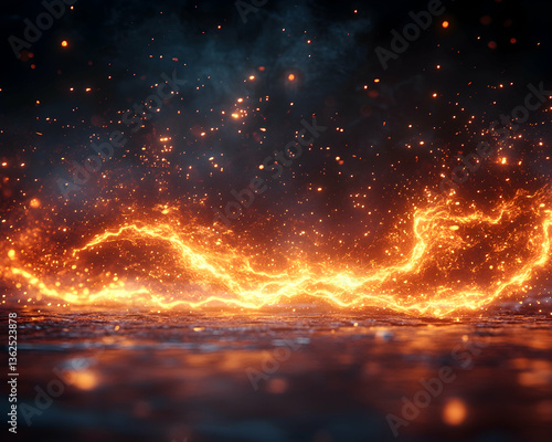 Firey scene with sparks and smoke against a black background with reflective surface