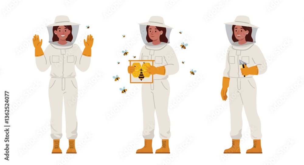 Beekeeper interacting with bees in flat vector art style Beekeeper interacting with bees in flat vector art style