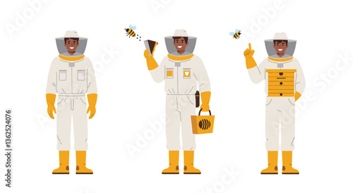 Beekeeper character transformation in flat, minimal vector illustration