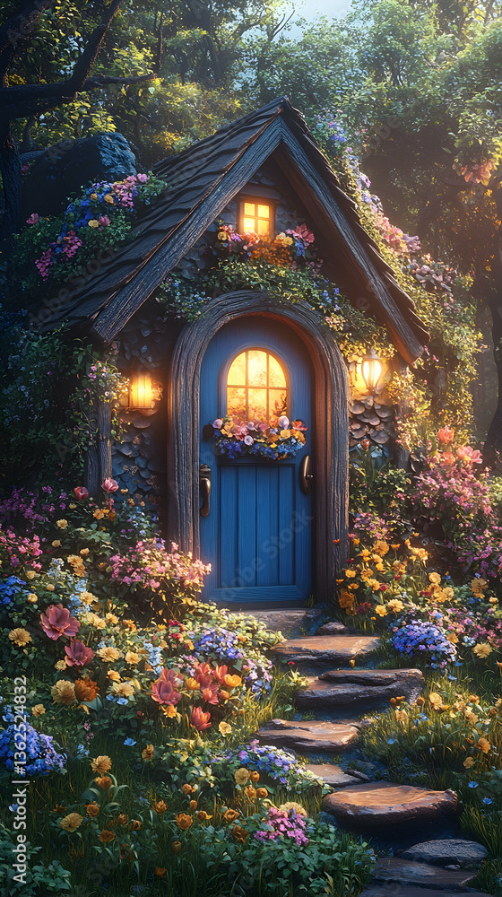 Fototapeta premium Fairy cottage Blue door amidst flowers, stone path Cozy lights in forest