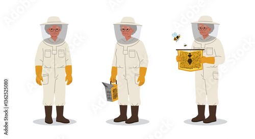 Beekeeper in protective suit performing tasks illustrated in flat vector art