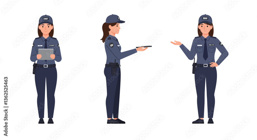 Obraz premium Police officer character in three poses detailed flat vector illustration