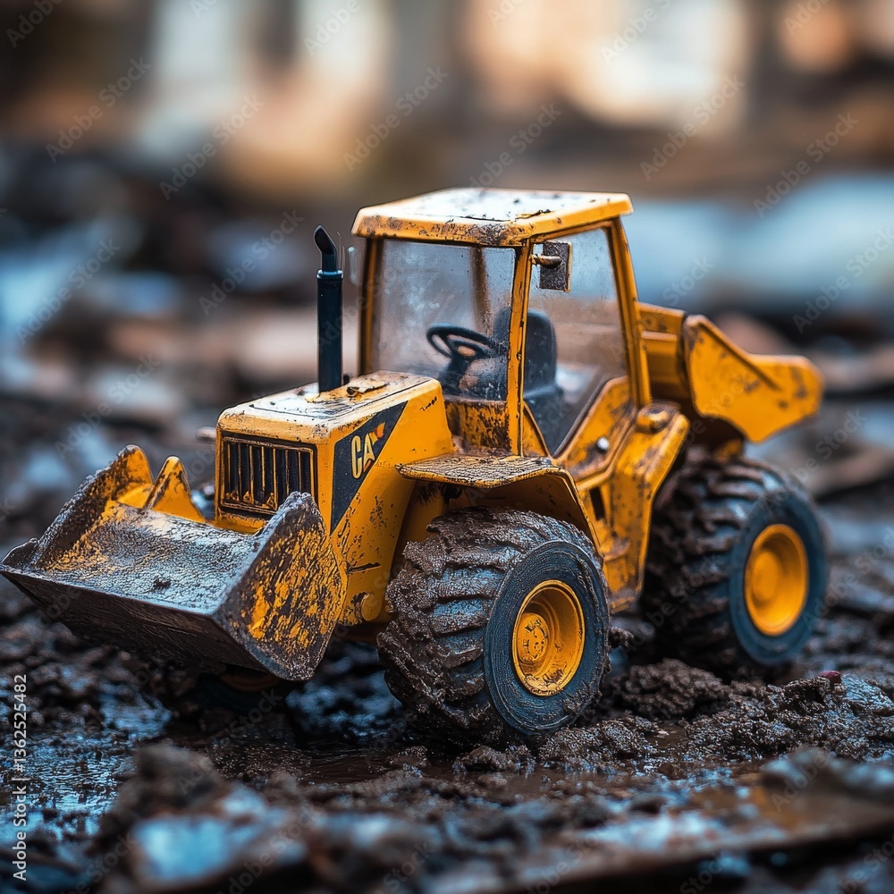 A toy excavator covered in mud sits in a muddy puddle, showcasing the details of its construction. A toy excavator covered in mud sits in a muddy puddle, showcasing the details of its construction.
