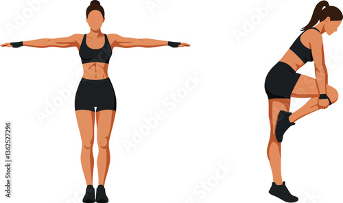 Female fitness model demonstrating stretching routine in minimal design vector illustration