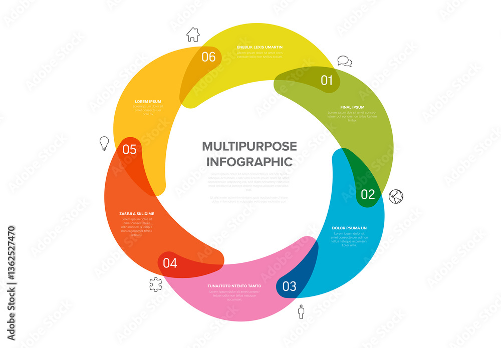 Circular Multipurpose Infographic Template Cycle with Six Sections icons and numbers