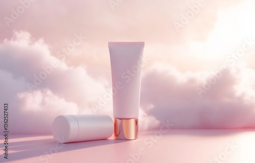 Wallpaper Mural white skin care product with a golden cap and a white tube next to it, against a cloud background, with a pink color scheme, soft edges, and blurred details, Torontodigital.ca
