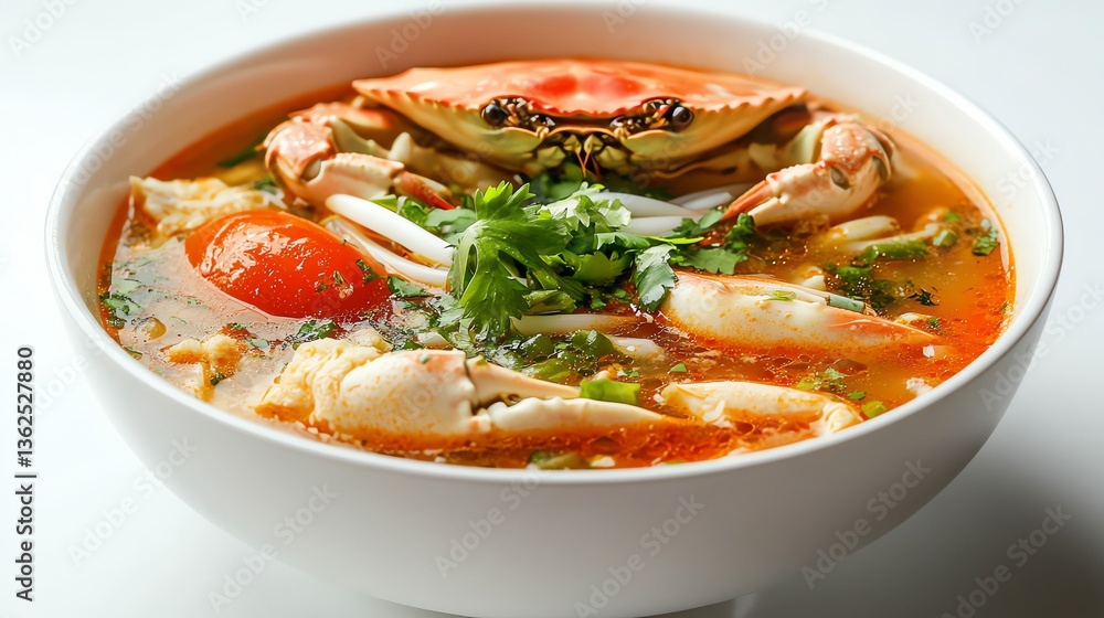 Crab Noodle Soup in Bowl Featuring Tomato and Cilantro Garnish Crab Noodle Soup in Bowl Featuring Tomato and Cilantro Garnish