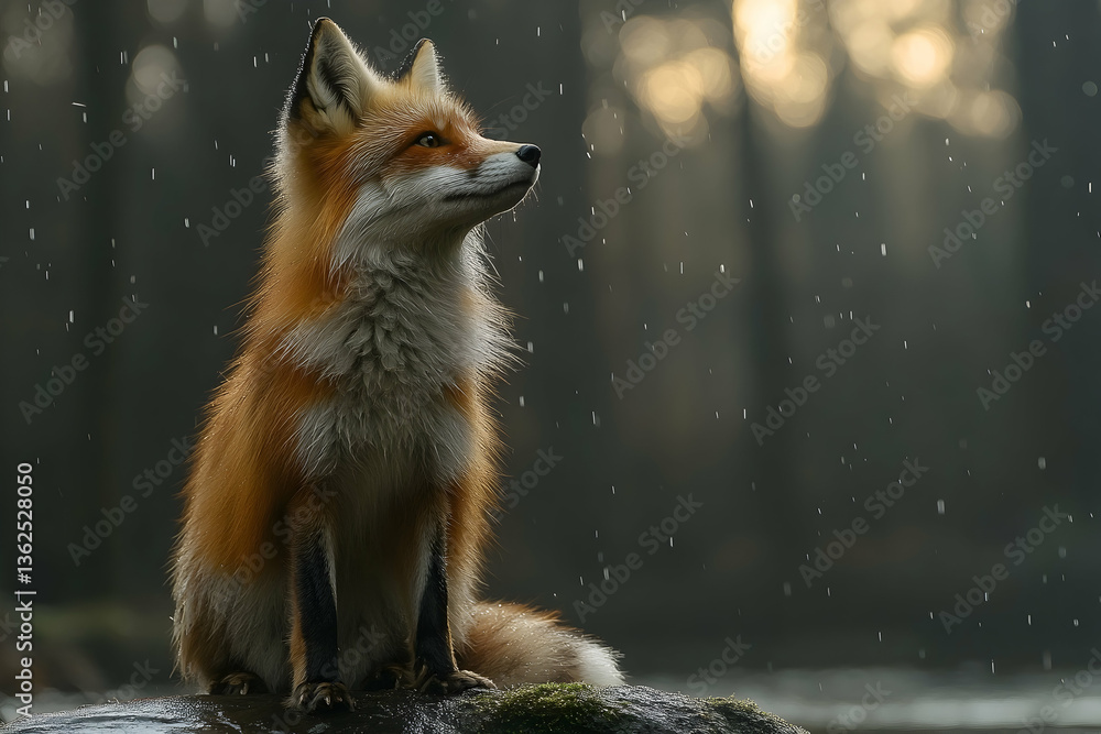 Fototapeta premium Fox portrait red fur, sitting, looking up in rain, soft forest background
