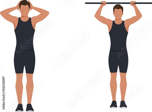 Fitness exercise transition from overhead press to squat position in minimal vector illustration