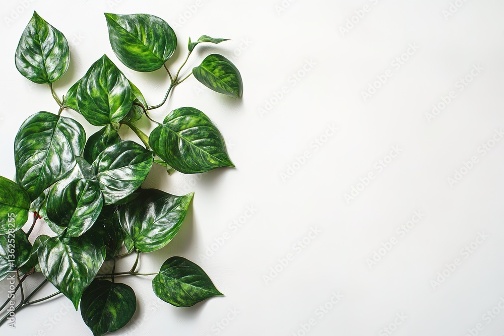 Fototapeta premium Pothos Plant Leaves on White Background, Lush Green Foliage, CloseUp, Nature, Topdown