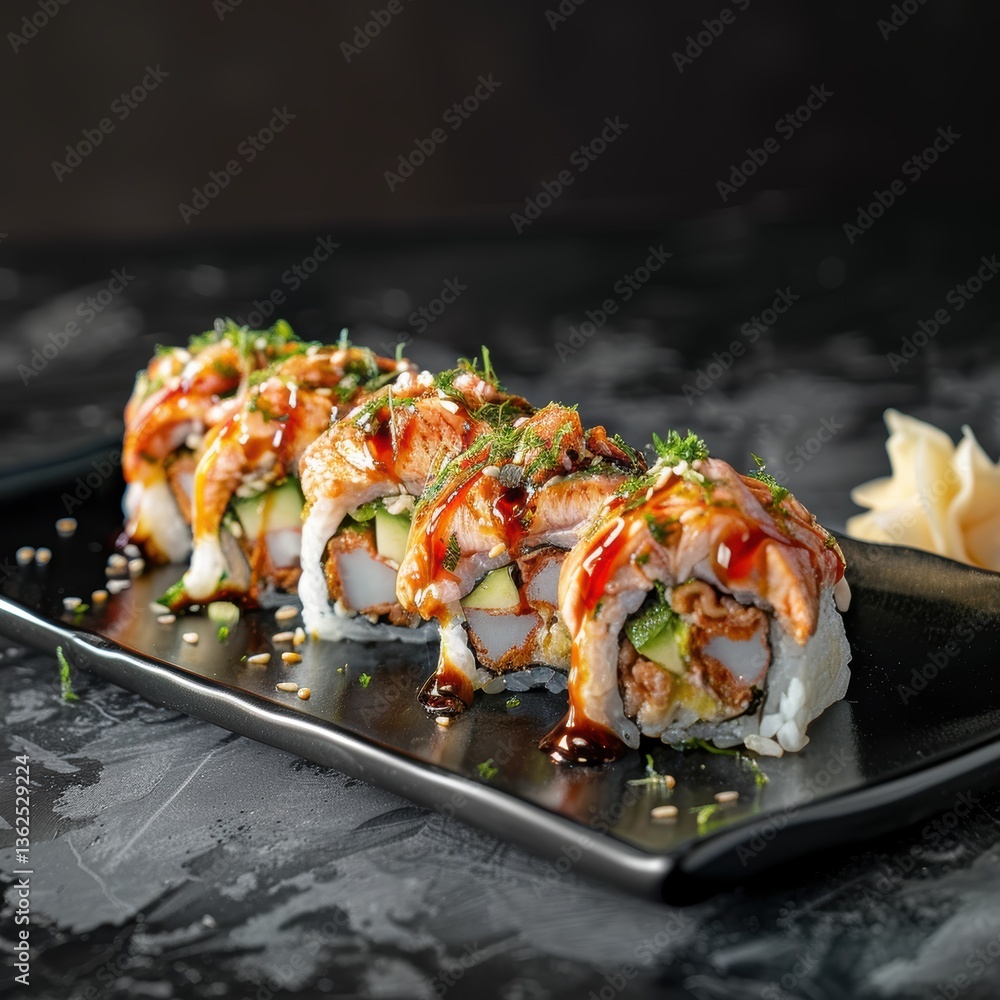 Delicious dragon roll sushi presented elegantly on a sleek black plate in a professional studio setting Delicious dragon roll sushi presented elegantly on a sleek black plate in a professional studio setting