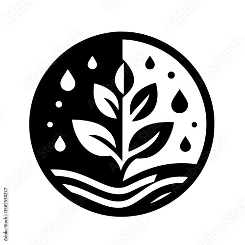 A split-circle emblem showcases a black and white leaf design. One side features water droplets, while the other depicts a textured backdrop, alluding to growth.