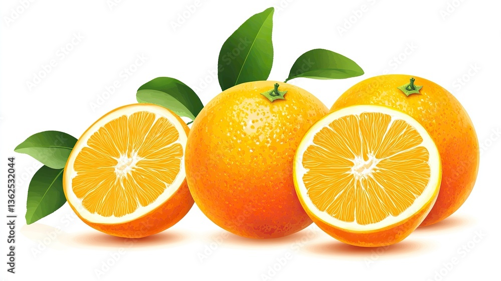 Fototapeta premium Realistic illustration of oranges with leaves in vector style on white background, suitable for commercial use. High - resolution clip art featuring fresh, plump oranges, leaves, and a clean backdrop.