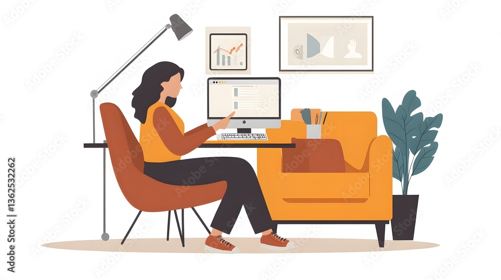Fototapeta premium Young woman working on laptop, modern workspace with cozy chair and indoor plant, perfect for remote work or study.