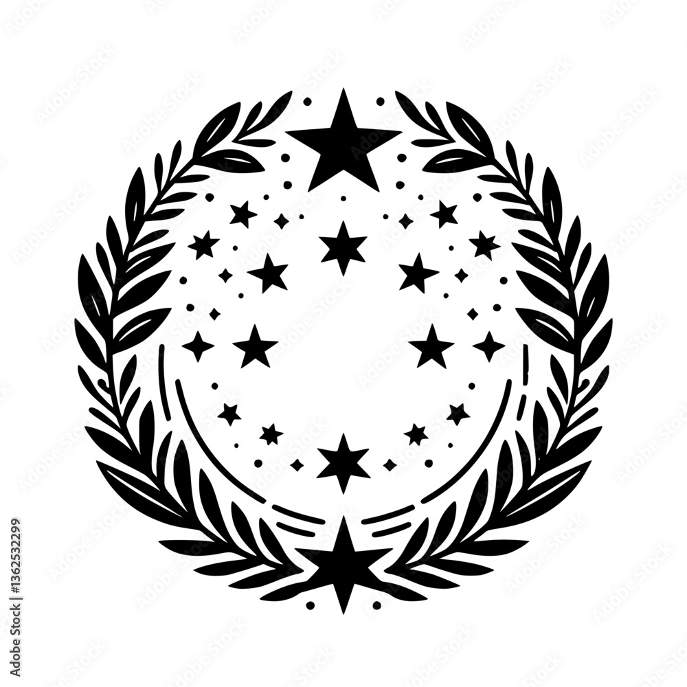Obraz premium A symmetrical black and white circular illustration featuring stars of varying sizes encircled by an olive branch wreath.