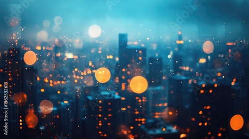 Raindrops on the window, a blurred evening city and a bokeh effect from the light in the background.
