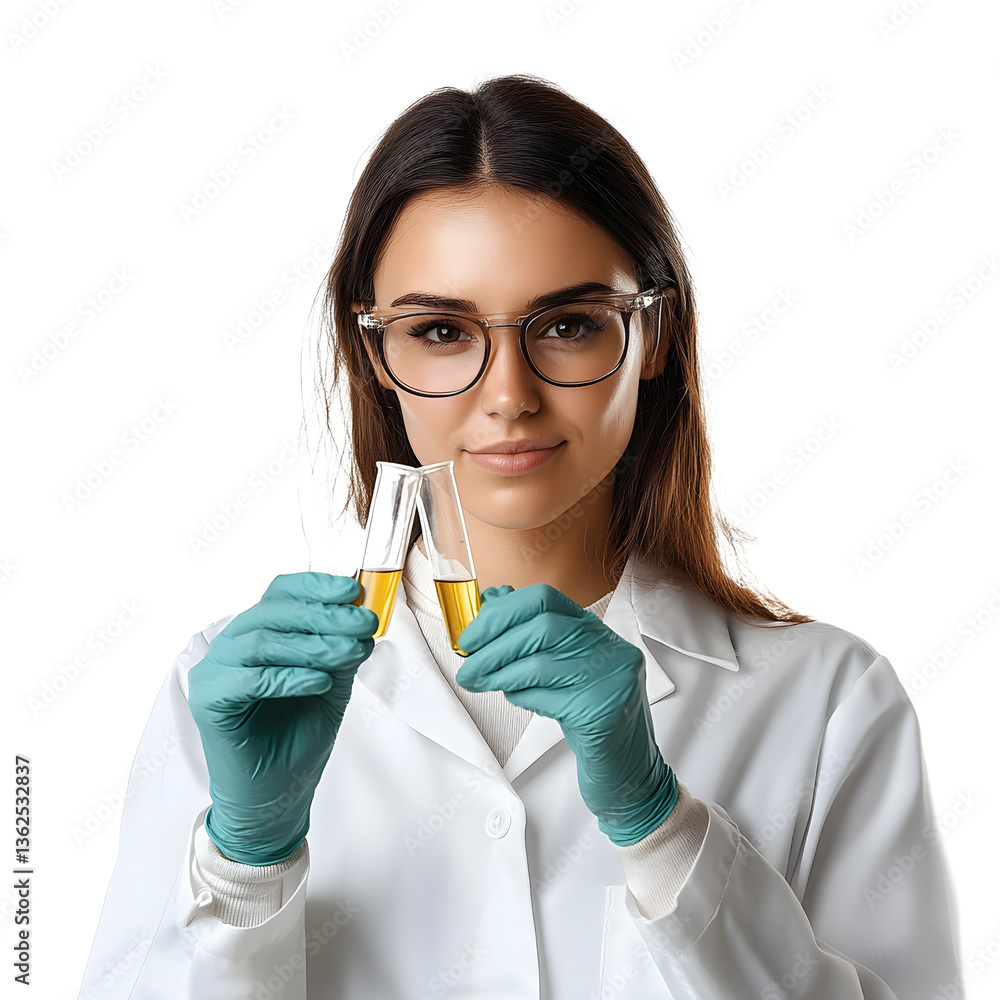 Scientist in lab coat holds test tubes with golden liquid, wearing gloves & glasses. Confident researcher in science.