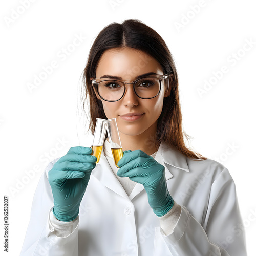 Obraz na płótnie Scientist in lab coat holds test tubes with golden liquid, wearing gloves & glasses. Confident researcher in science. w salonie