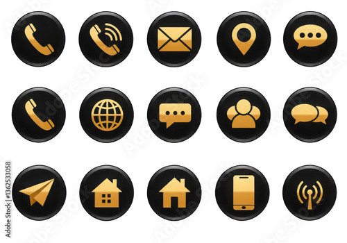 Collection of golden contact icons on black circular buttons arranged in a grid pattern