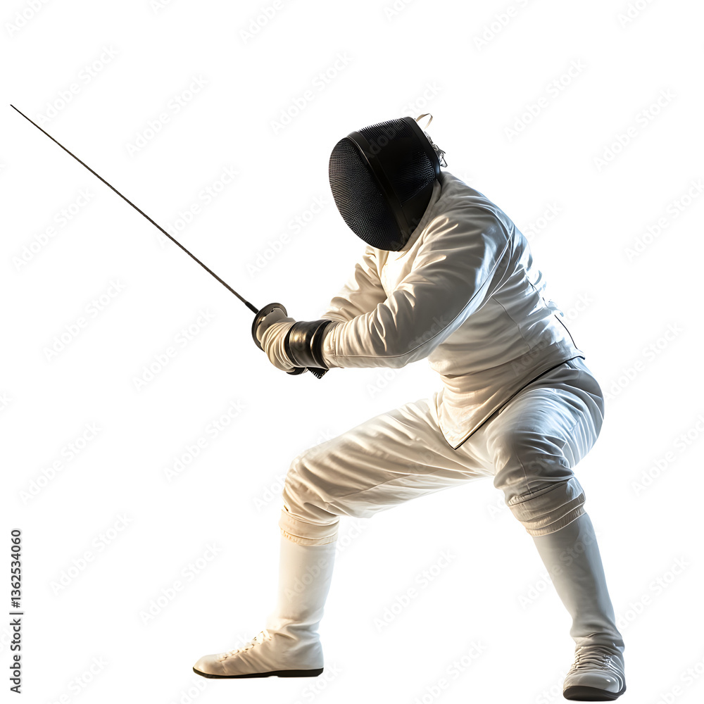 Fencer in white uniform with a mask holding a foil, poised in ready stance against a bright white background. Action and competition. Fencer in white uniform with a mask holding a foil, poised in ready stance against a bright white background. Action and competition.