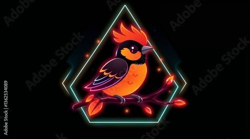 Radiant bioluminescent logo featuring a kawaii Uirapuru bird with vibrant colors perched on a glowing branch