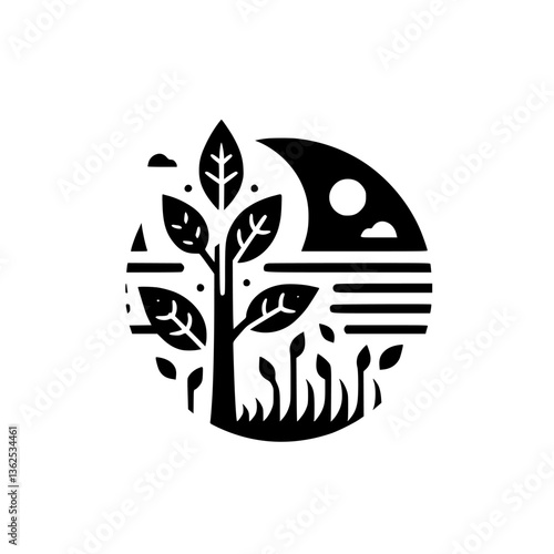 A stylized monochrome landscape: a tree with leaves against a backdrop of the moon and water, enclosed within a circular frame, minimalist design.