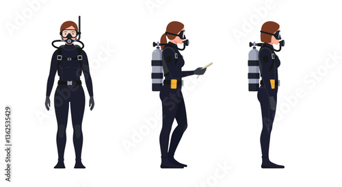 Diver character design progression in minimal flat style vector illustration