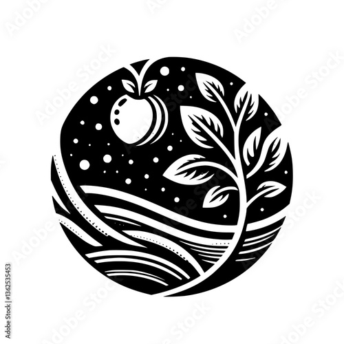 A stylized black and white illustration of a nighttime orchard scene within a circle, showcasing a tree and an apple.