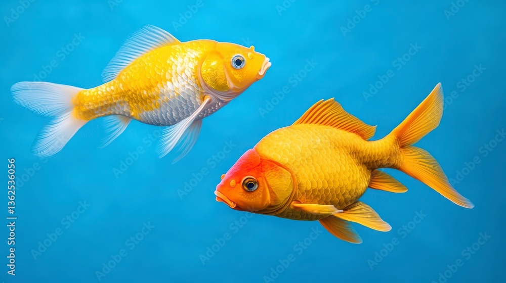 Fototapeta premium Bright Orange Goldfish Swimming in Clear Blue Water Together