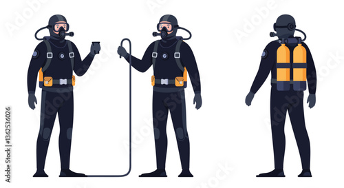 Diver preparing for underwater exploration in flat vector art style