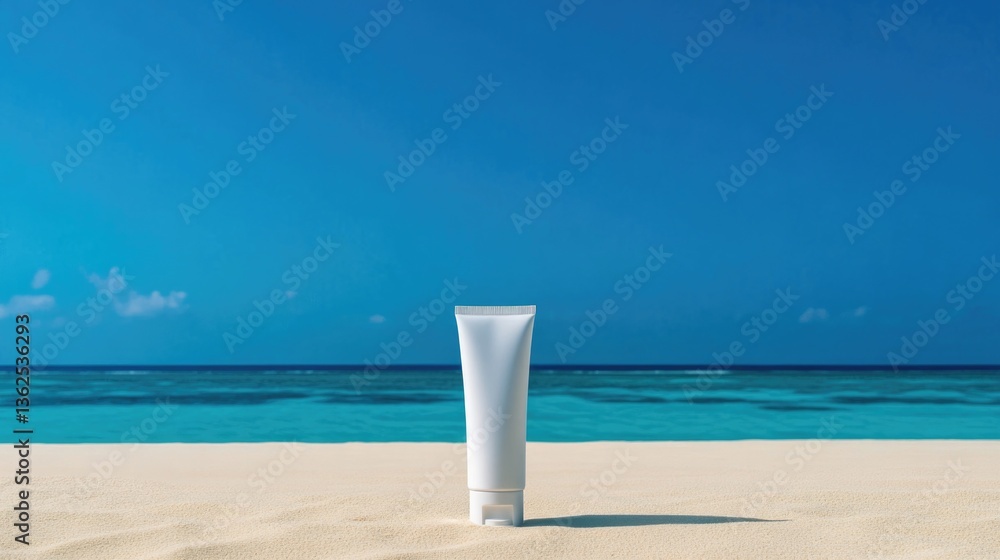 Mockup of a tube of cream on a sandy beach with the ocean and blue sky in the background. Mockup of a tube of cream on a sandy beach with the ocean and blue sky in the background.