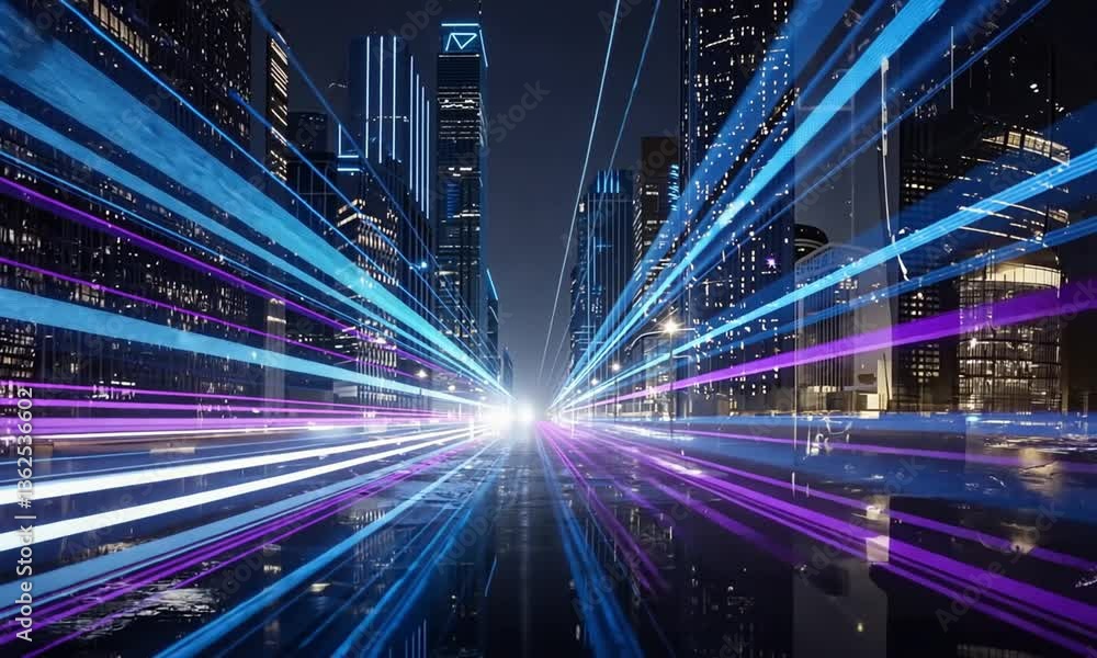 Night City Data Stream: Futuristic Light Trails & Skyscrapers Night City Data Stream: Futuristic Light Trails & Skyscrapers