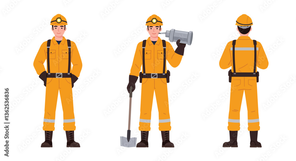 Worker in orange uniform showcasing different poses in flat vector art style Worker in orange uniform showcasing different poses in flat vector art style