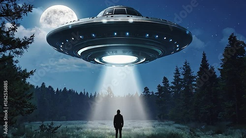 UFO Abduction Scene with Beam of Light and Silhouette