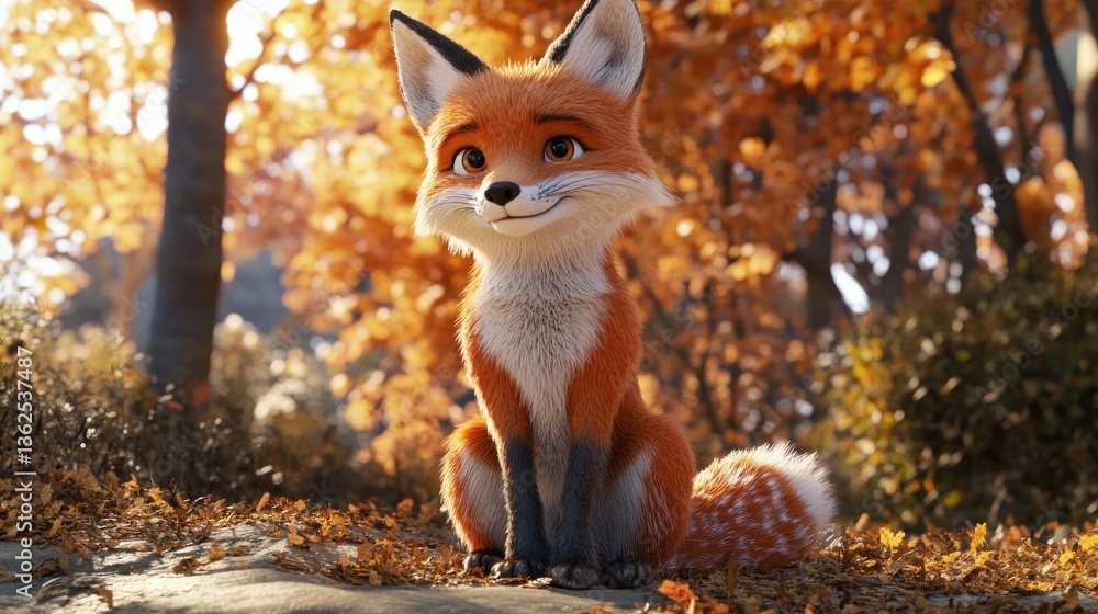 Obraz premium Autumnal Fox Sitting Forest Background Illustration