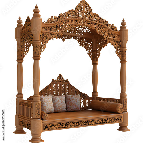 Ornate wooden canopy bed, intricate carved details, Moroccan-inspired design, palatial furniture, luxury bedroom decor, elaborate archways, pillars and filigree, warm brown tones, plush cushions, phot