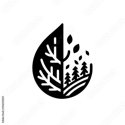 Fotografie A stylized black and white illustration of a teardrop shape, divided into two halves: a bare-branched tree and a forest scene with falling leaves and trees